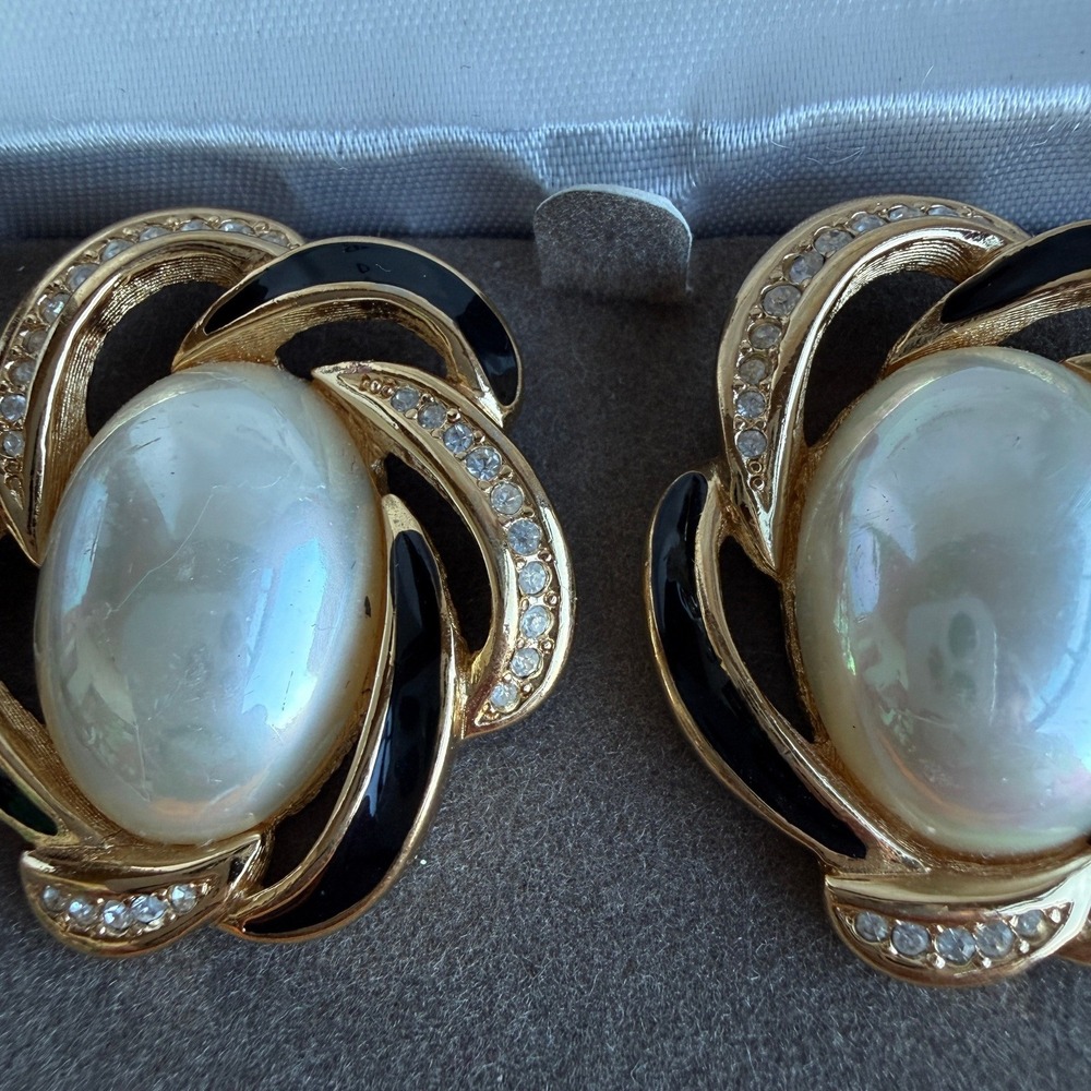 Vintage Christian Dior Pierced Earrings Faux Pearl Black Enamel Rhinestone